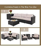 4PCS Outdoor Patio Rattan Furniture Set Cushioned Loveseat Storage Table