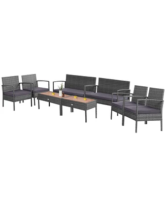 8PCS Patio Rattan Furniture Set Cushioned Chair Wooden Tabletop Gray
