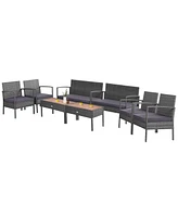 8PCS Patio Rattan Furniture Set Cushioned Chair Wooden Tabletop Gray