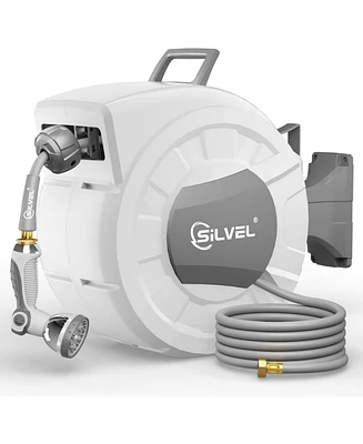 Silvel Retractable Garden Hose Reel, 1/2 in x ft Wall Mounted Garden Hose Reel, with 10 Pattern Nozzle, Any Length Lock, Slow Return System