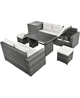 Mondawe Outdoor 6-Piece All Weather Pe Rattan Sectional Furniture Set with Adjustable Seat, Storage Box, Removable Covers and Tempered Glass Top Table