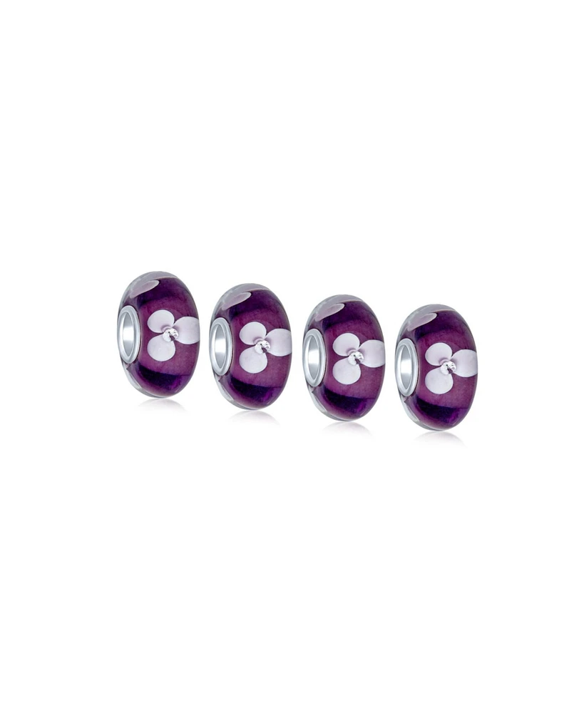 Bling Jewelry Set of 4 White Purple Flower Murano Glass Spacer Charm Bead Sterling Silver Core