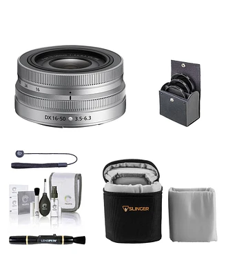 Nikon Nikkor Z Dx 16-50mm f/3.5-6.3 Vr Lens, Silver, Bundle with Bower 3-Piece 46mm Filter Kit, Lens Cleaner, Cleaning Kit, Universal Lens Cap Tether