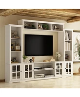 Grey Tv stand with top, left and right cabinets, multi-purpose media wooden console, entertainment center with tempered glass