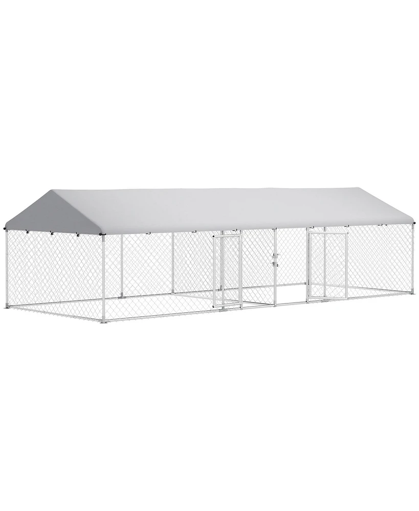 PawHut Two Room Outdoor Dog Kennel with Roof, Cover, 19.7' x 7.5' x 5.2'