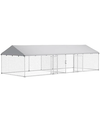 PawHut Two Room Outdoor Dog Kennel with Roof, Cover, 19.7' x 7.5' x 5.2'
