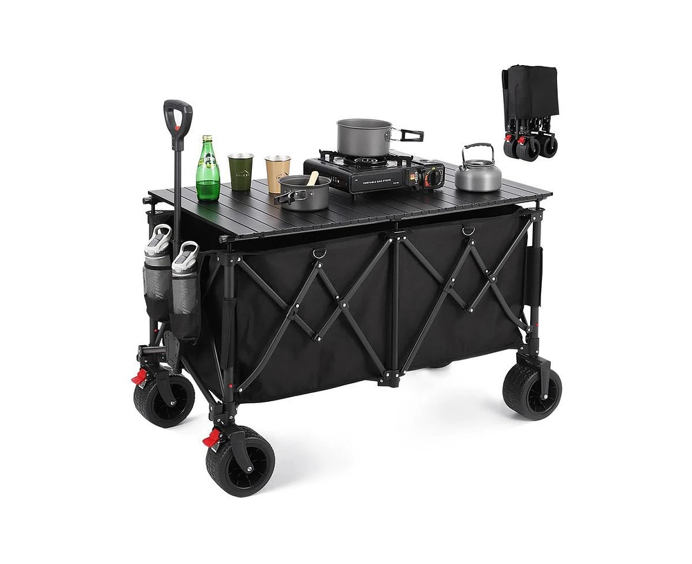 260L Collapsible Foldable Wagon with 440lbs Weight Capacity, Folding Utility Garden Cart with Table Top, Cup Pockets, and Brakes, Utility Grocery Wago