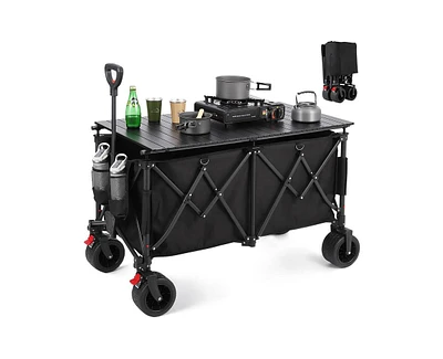 260L Collapsible Foldable Wagon with 440lbs Weight Capacity, Folding Utility Garden Cart with Table Top, Cup Pockets, and Brakes, Utility Grocery Wago