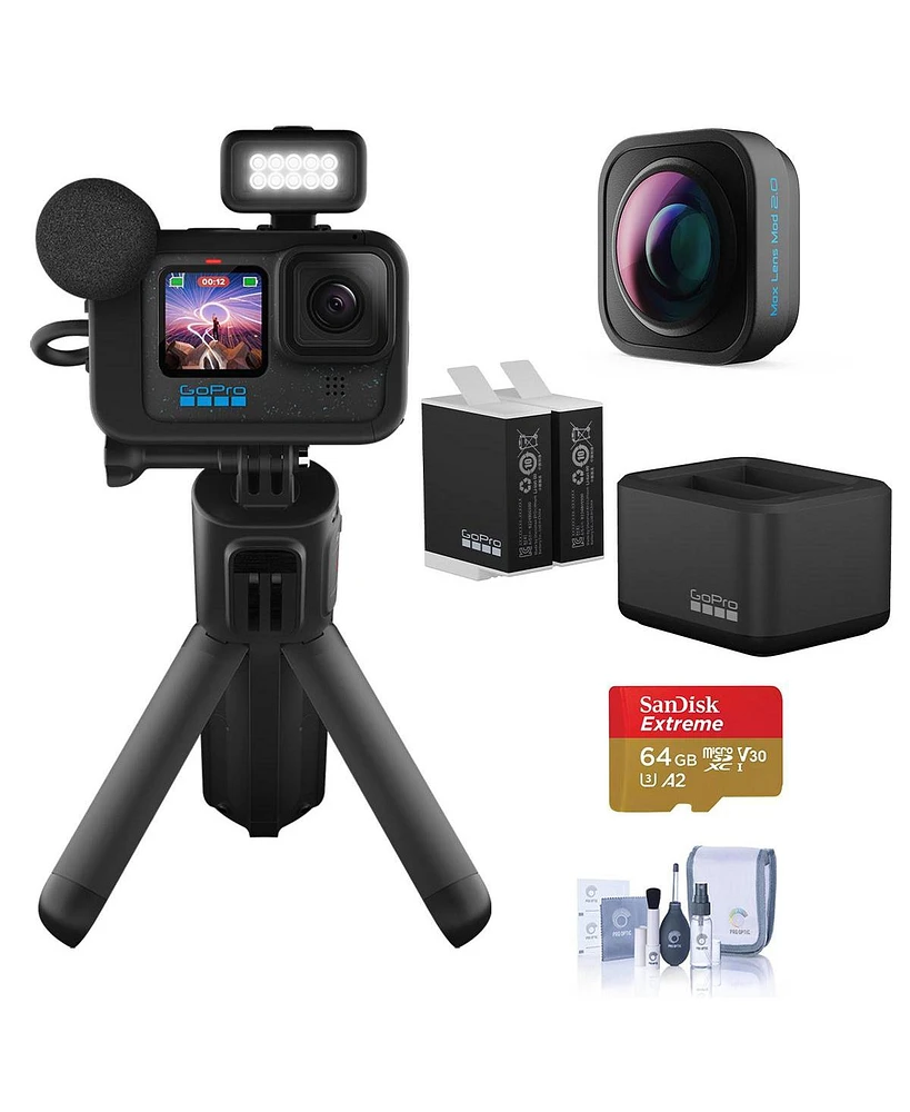 GoPro GoPro HERO12 Black Creator Bundle: Maximize Your Action Cam with the Go Pro Max Lens Mod 2.0, 2x Enduro Batteries, Dual Battery Charger, 64GB St