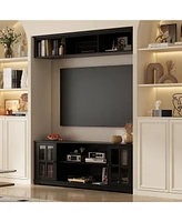 Tv stand with top cabinets, entertainment center tempered glass doors, wooden media console