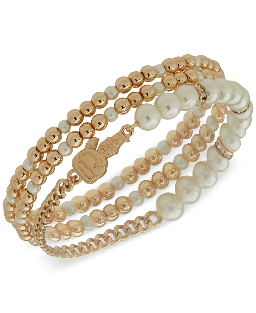 Karl Lagerfeld Paris Gold-Tone 3-Pc. Set Imitation Pearl Beaded Stretch Bracelets