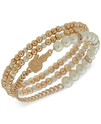 Karl Lagerfeld Paris Gold-Tone 3-Pc. Set Imitation Pearl Beaded Stretch Bracelets