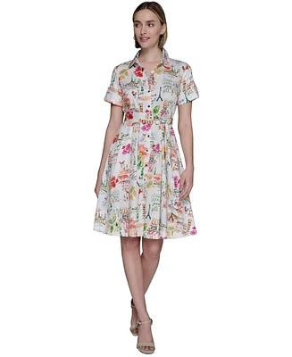 Karl Lagerfeld Paris Petite Short-Sleeve Multi-Print Shirtdress