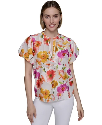 Karl Lagerfeld Paris Petite Floral-Print Flutter-Sleeve Top