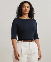 Lauren Ralph Women's Plus Split-Neck Three-Quarter Sleeve Cotton Tunic