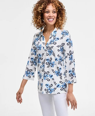 Jm Collection Petite Floral-Print Johnny-Collar Tunic, Exclusively at Macy's