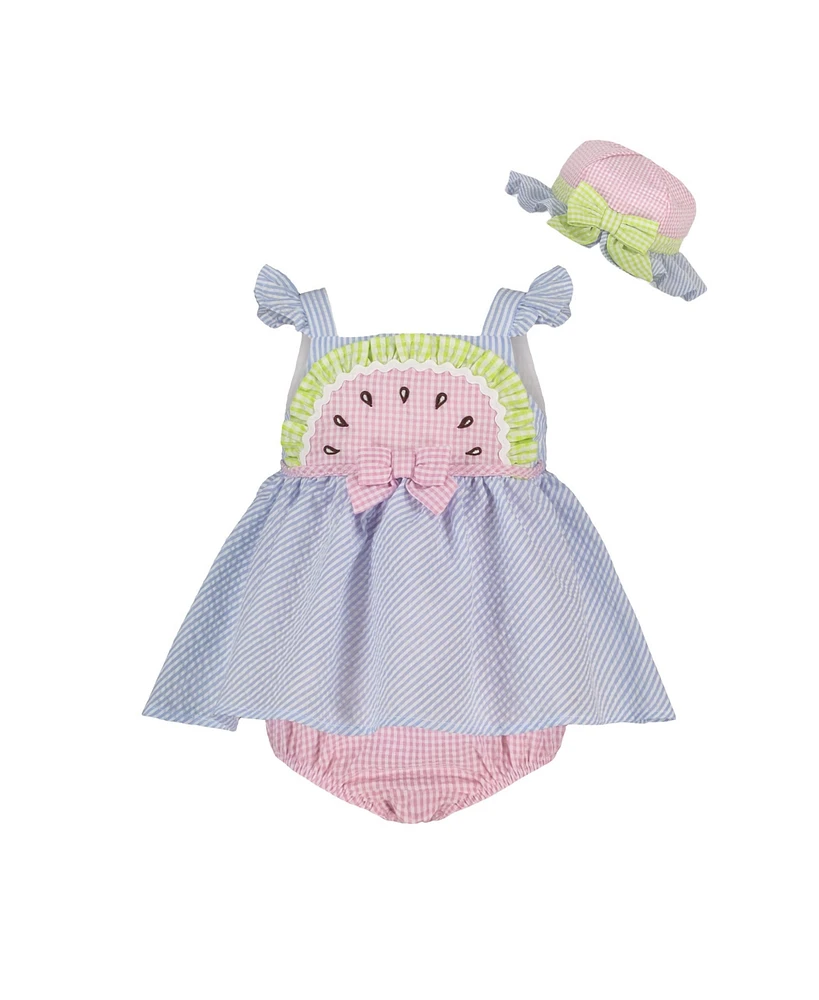 Blueberi Boulevard Baby Girls Multi Seersucker Watermelon Sunsuit and Hat Set