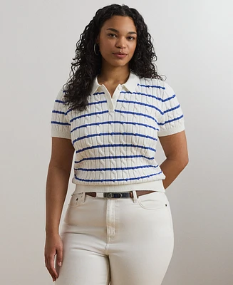 Lauren Ralph Plus Striped Cable-Knit Cotton Polo Sweater