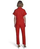 Halston Womens Compression Short Sleeve Polo Top Low Rise Straight Leg Hardware Pants