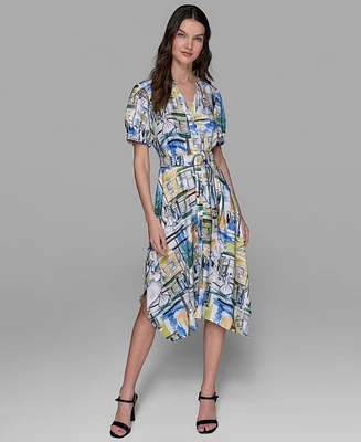 Karl Lagerfeld Paris Women's Printed Scene Belted High-Low Shirtdress