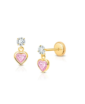 Tiny Blessings Children's 14K Gold Fearless Heart Pink & Clear Drop Girls' Screw Back Earrings