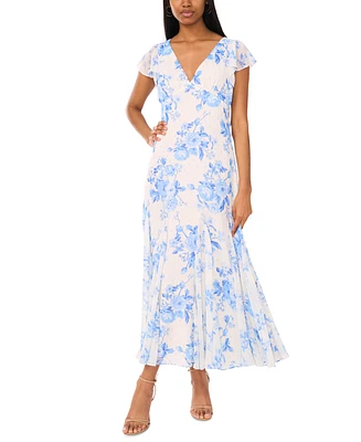 CeCe Women's Printed V-Neck Flutter-Sleeve Chiffon Dress