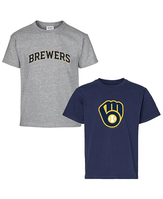 Soft As A Grape Big Boys and Girls 2-Pack Navy/Heather Gray Milwaukee Brewers T-Shirt Set