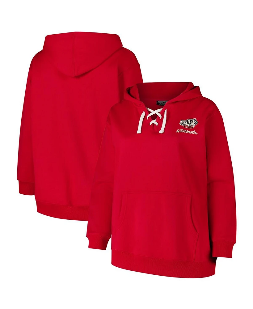 Fanatics Women's Red Wisconsin Badgers Plus Script Lace-Up V-neck Hoodie