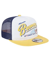 New Era Men's White/Gold Milwaukee Brewers Retro Script Trucker 9FIFTY Snapback Hat