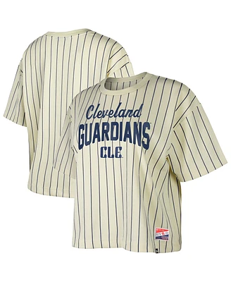 New Era Women's Cream Cleveland Guardians City Connect Multiplier Pinstripe Cropped T-Shirt