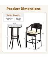 3 Pcs Patio Rattan Bar Set Wicker Armchairs & Round Table with Tempered Glass Top