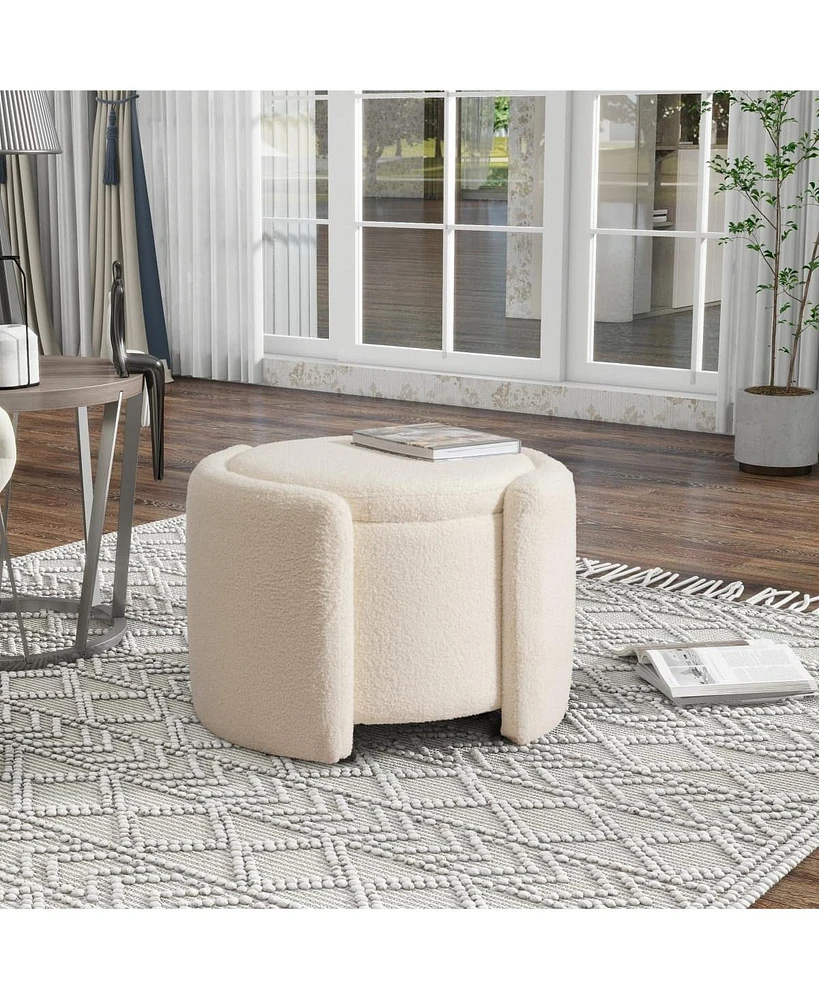 Round Upholstered Storage Ottoman with Teddy Fleece and Foam Cushion for Living Room or Bedroom Footrest Stool No Assembly Needed-The Pop Home