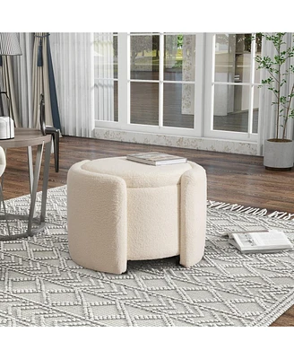 Round Upholstered Storage Ottoman with Teddy Fleece and Foam Cushion for Living Room or Bedroom Footrest Stool No Assembly Needed-The Pop Home
