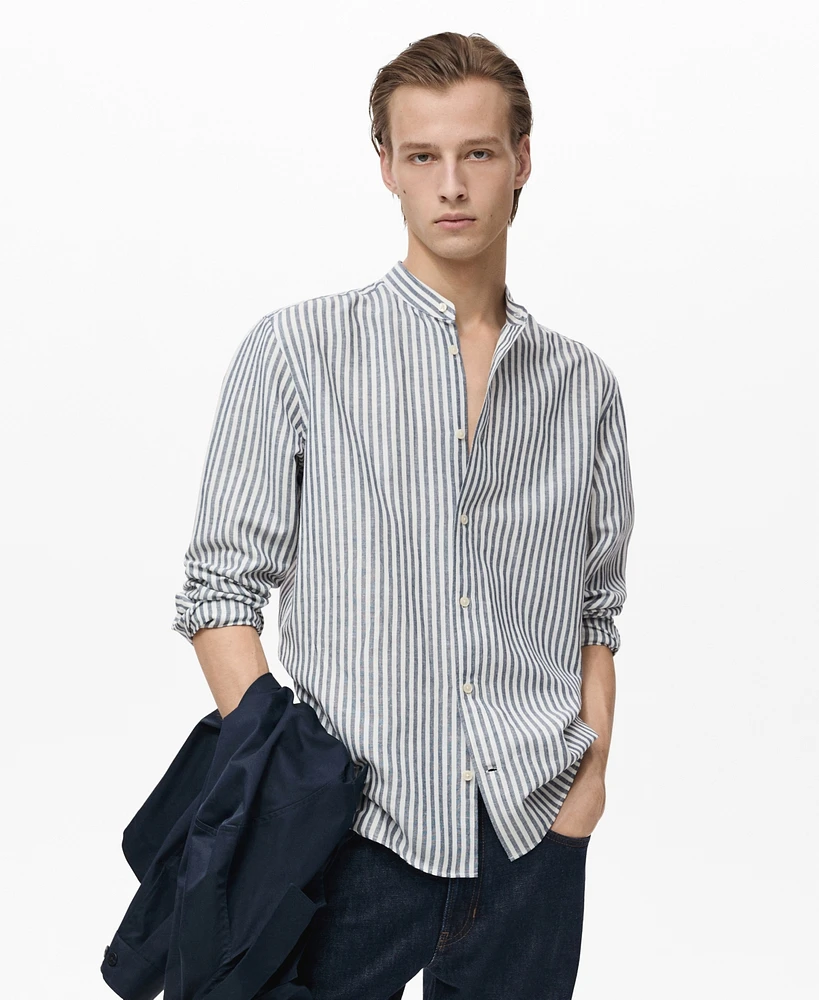 Mango Men's Striped Mandarin-Collar Linen Shirt