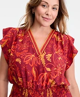 Vince Camuto Plus Printed Smocked-Waist Flutter-Sleeve Maxi Dress