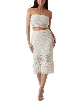Guess Womens Luca Pointelle Strapless Tube Top Pointelle Fringed Hem Midi Skirt