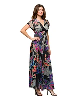 24seven Comfort Apparel Women's V Neck Empire Waist Cap Sleeve Maxi Dress