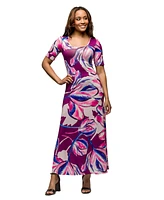 24seven Comfort Apparel Women's Purple Floral Print Elbow Sleeve Casual A Line Maxi Dress