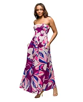 24seven Comfort Apparel Women's Purple Floral A Line Strapless Maxi Dress with Pockets