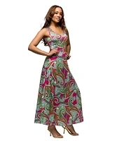 24seven Comfort Apparel Women's Hot Pink Paisley Print Scoop Neck A Line Sleeveless Maxi Dress