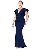 Xscape Plus Gathered-Waist Flutter-Sleeve Evening Gown