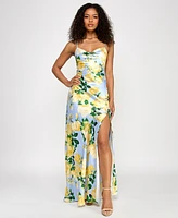 Katia Rae Juniors' Floral-Print X-Back Gown