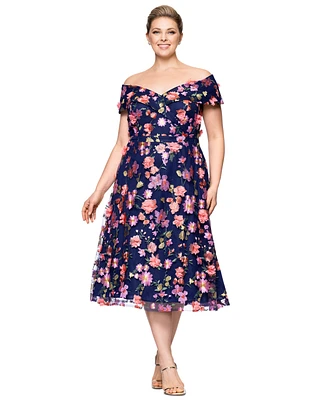 Xscape Plus 3D-Floral Embroidered Off-The-Shoulder Dress