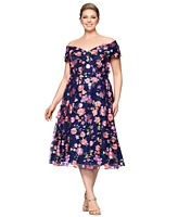 Xscape Plus 3D-Floral Embroidered Off-The-Shoulder Dress