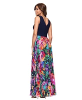 Xscape Petite Mixed-Media V-Neck Sleeveless Gown
