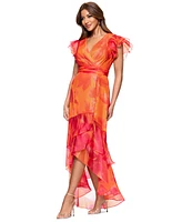 Xscape Women's Printed Flutter-Sleeve Ruffle-Trim Dress