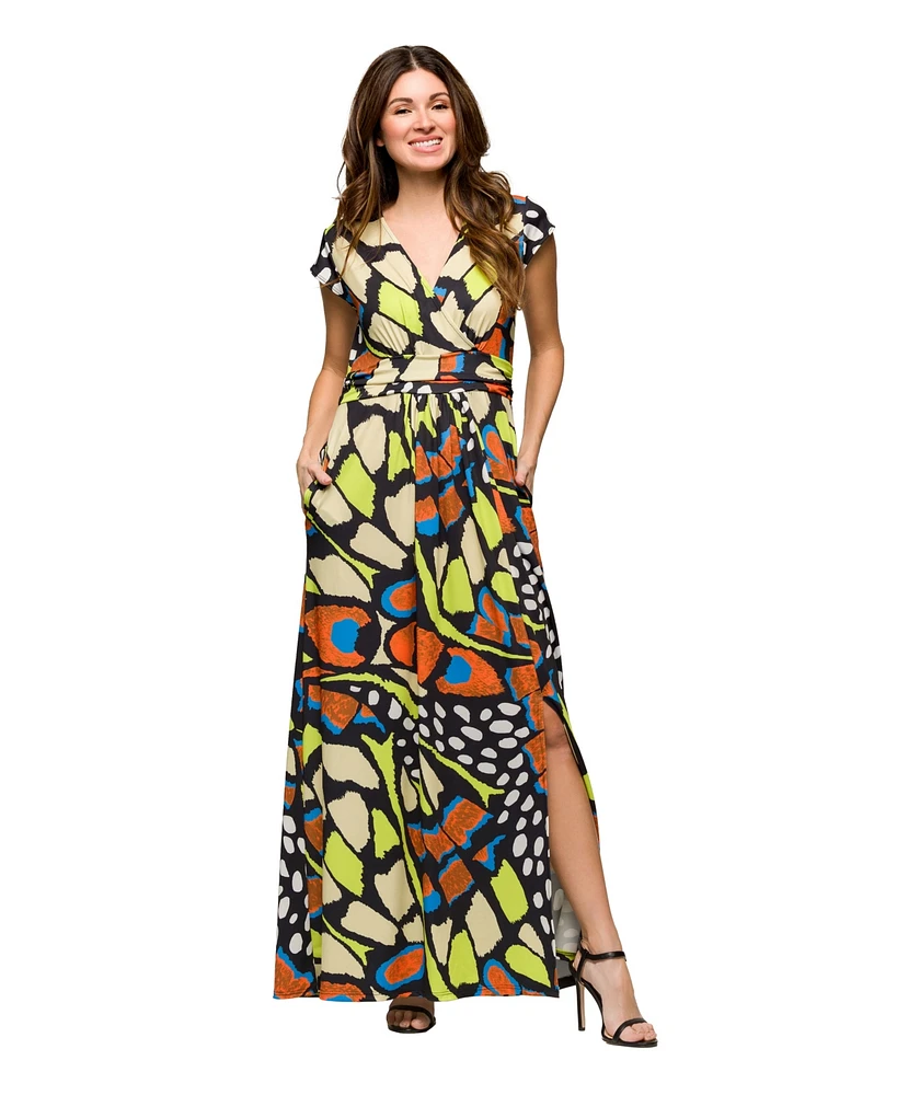 24seven Comfort Apparel Women's Cap Sleeve V Neck Side Slit Pocket Maxi Dress