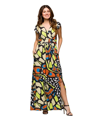 24seven Comfort Apparel Women's Cap Sleeve V Neck Side Slit Pocket Maxi Dress