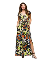 24seven Comfort Apparel Women's Cap Sleeve V Neck Side Slit Pocket Maxi Dress