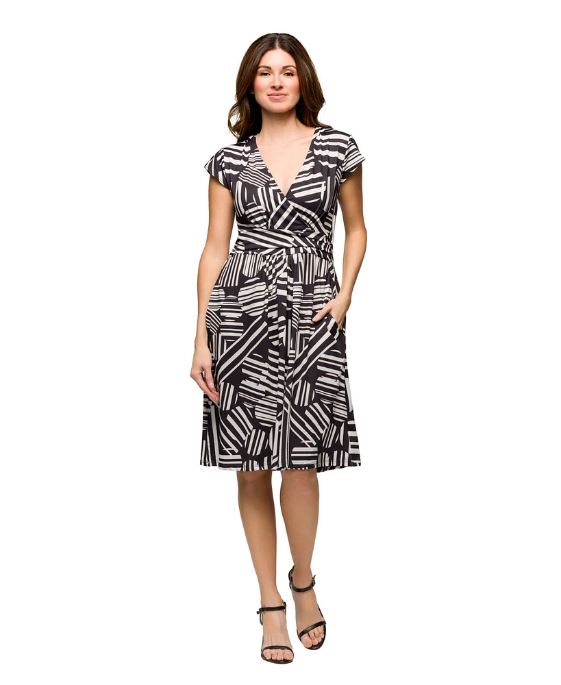 24seven Comfort Apparel Women's Cap Sleeve V Neck Knee Length Pocket Dress